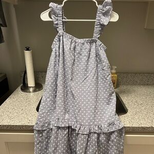 Purple gingham check sundress with small white flowers